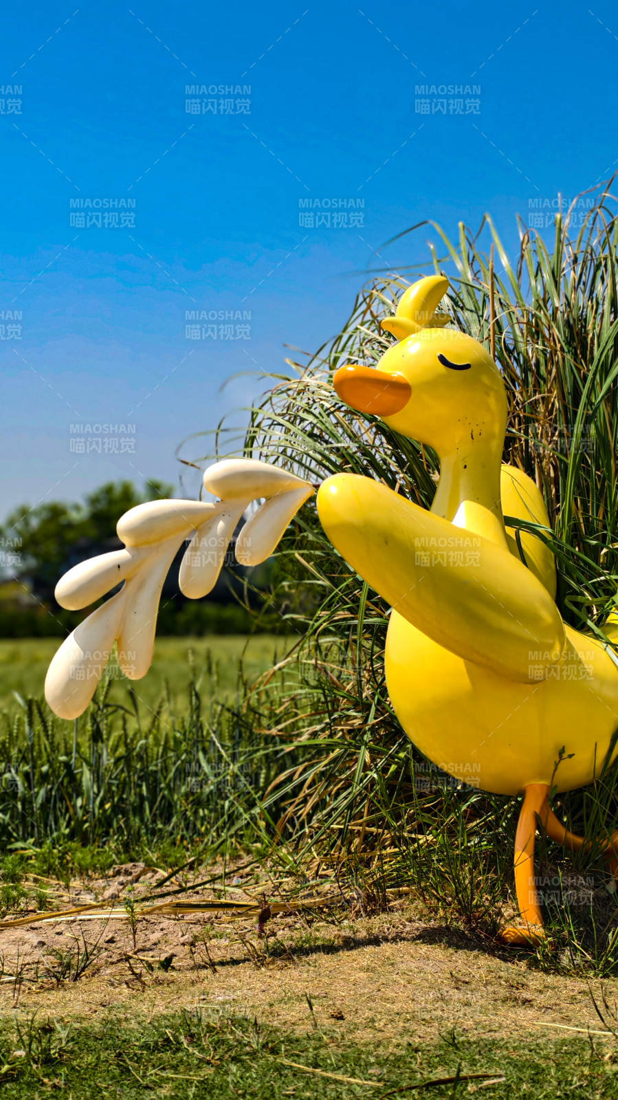 田野中的黄色鸭子雕塑图片