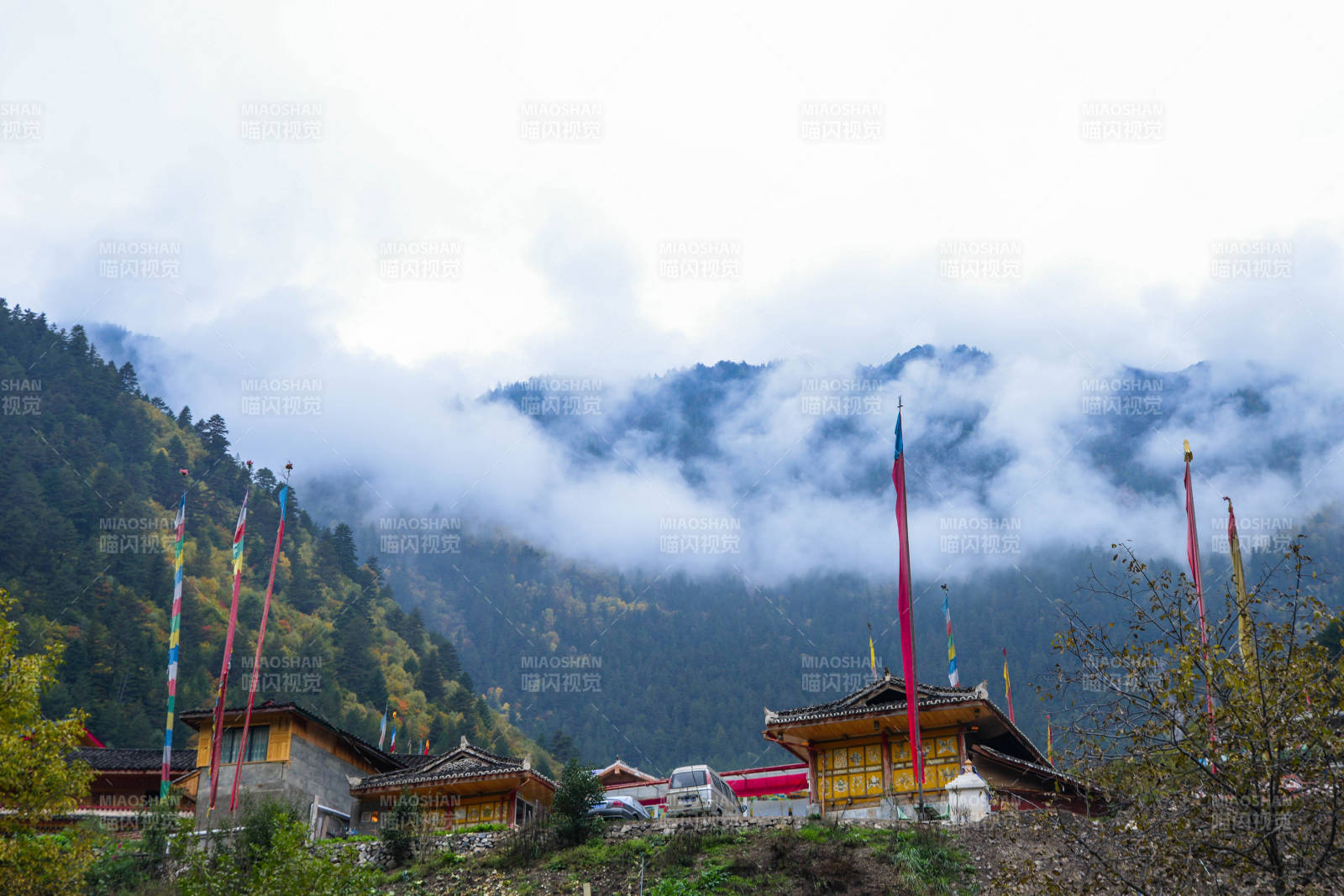 九寨沟-云雾缭绕的村庄图片