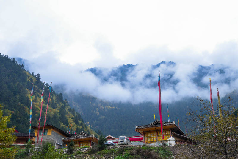 九寨沟-云雾缭绕的村庄图片