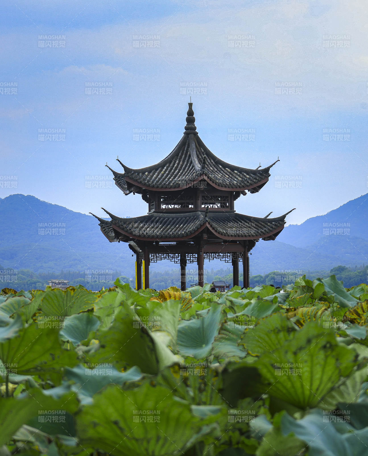 荷塘古塔映青山图片