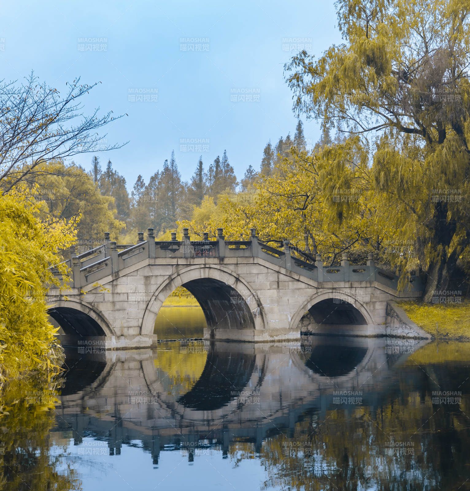 秋色桥影映湖水图片