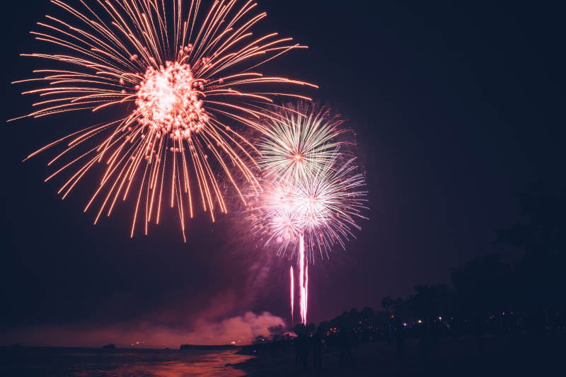 夜空烟花绽放 海边欢庆图片