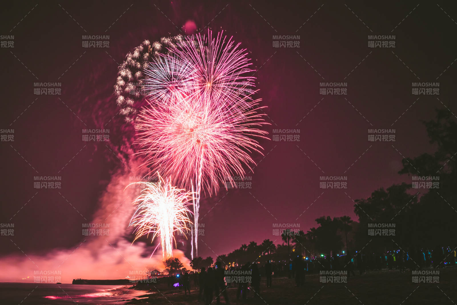 海滩夜空烟花绽放图片