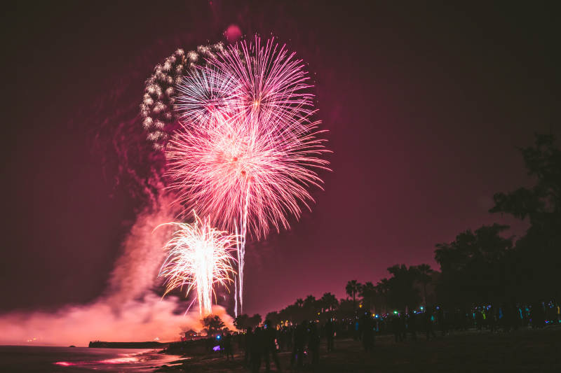 海滩夜空烟花绽放图片