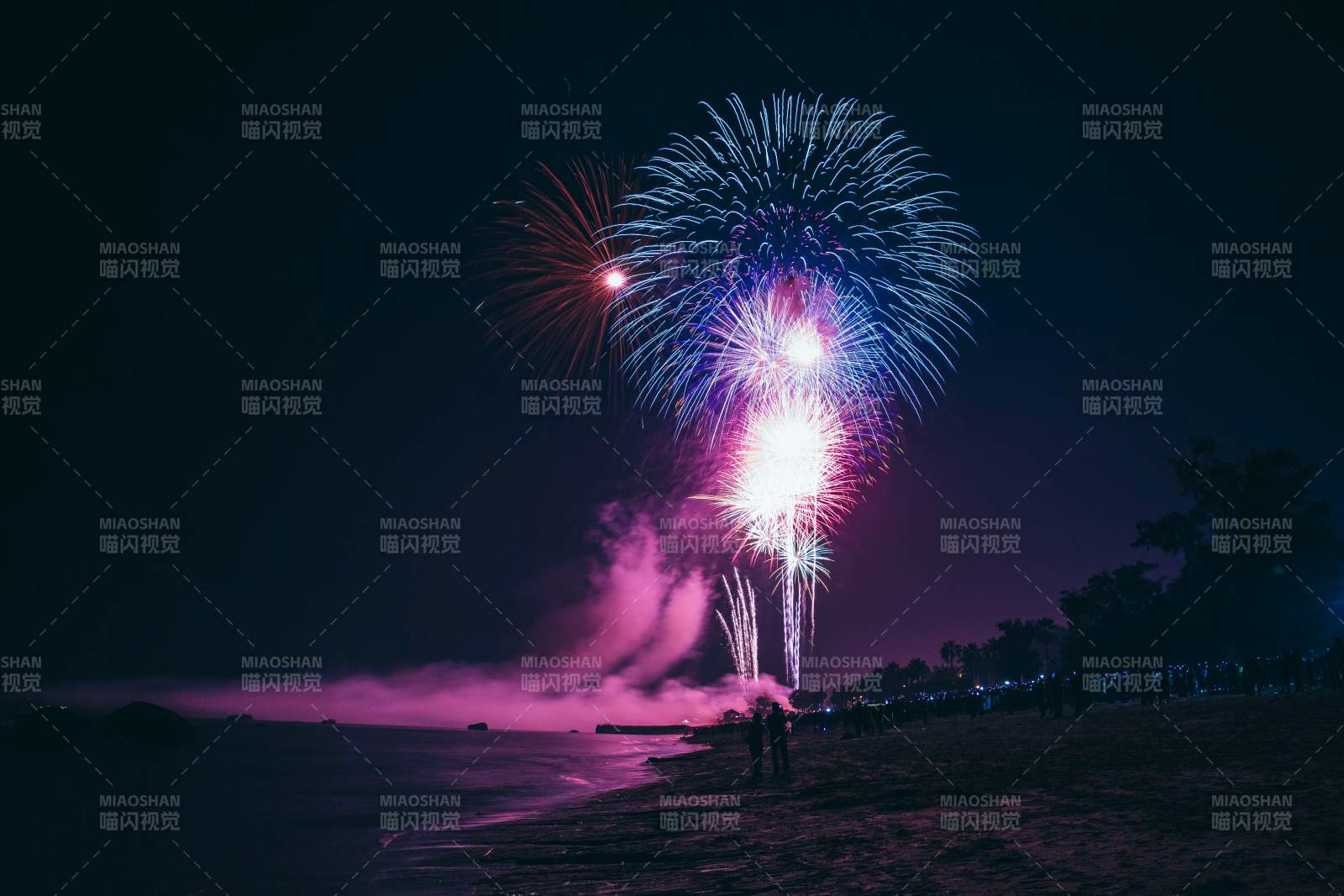 海边夜空烟花绽放图片