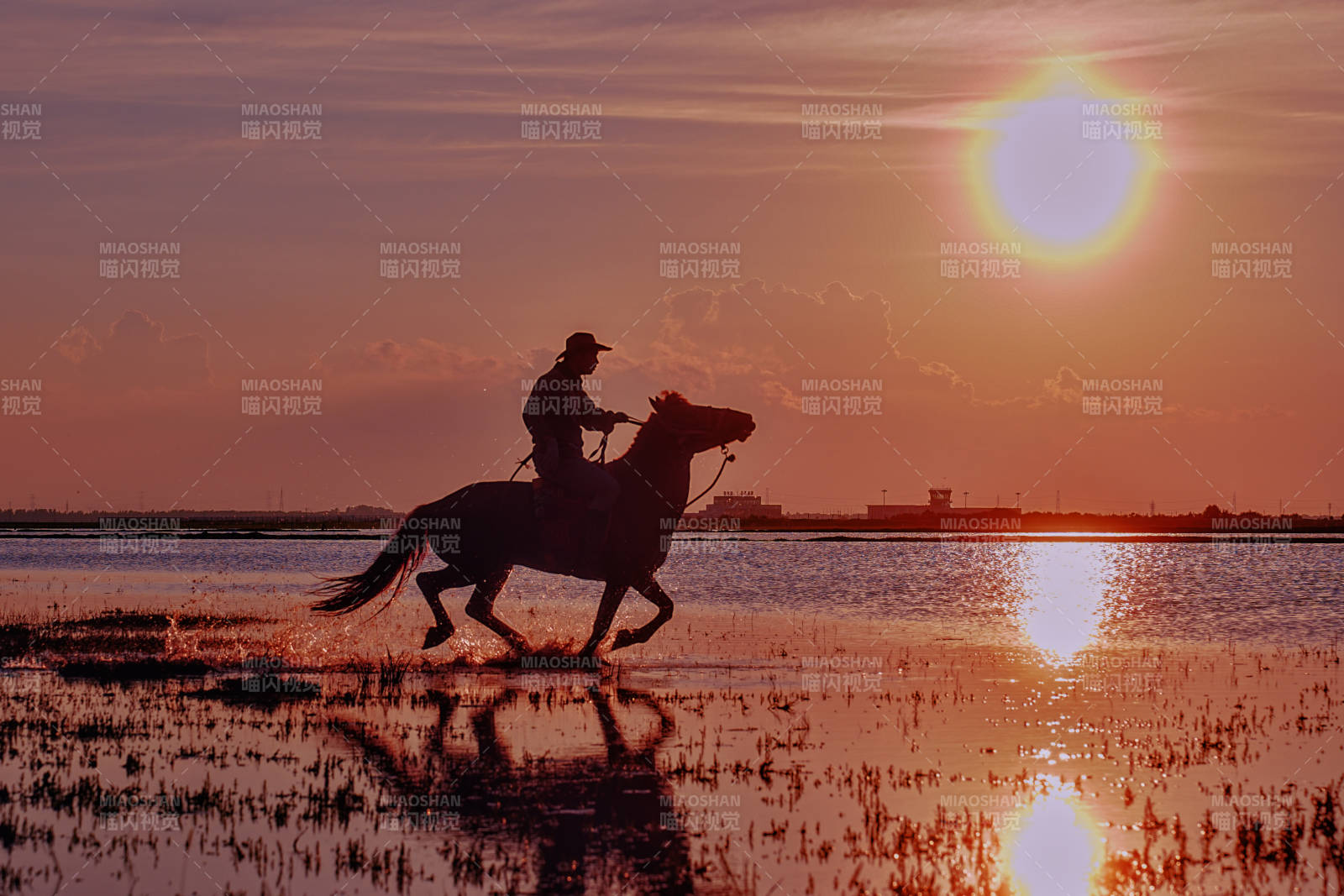 夕阳下的骑马剪影图片