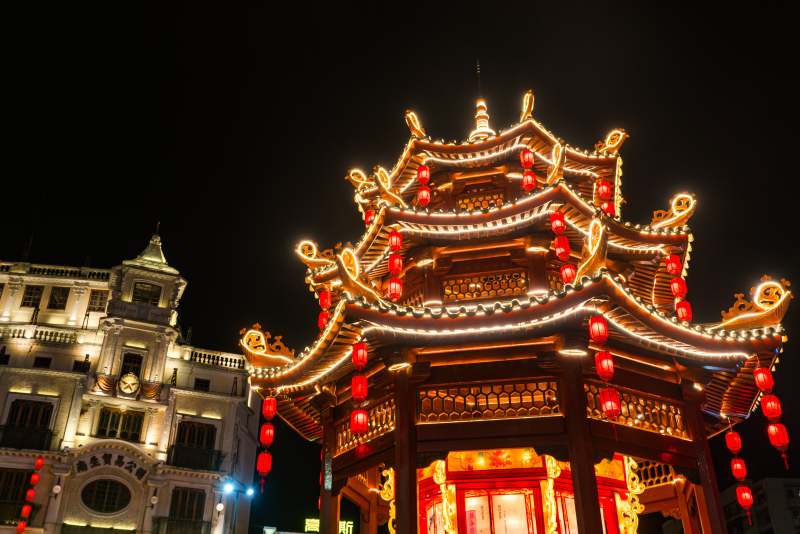 夜景中的传统建筑灯光璀璨图片