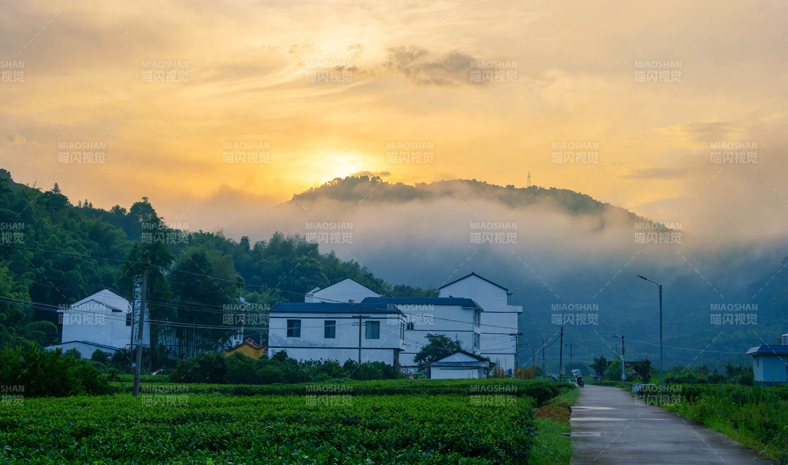 乡村晨曦 雾绕青山图片
