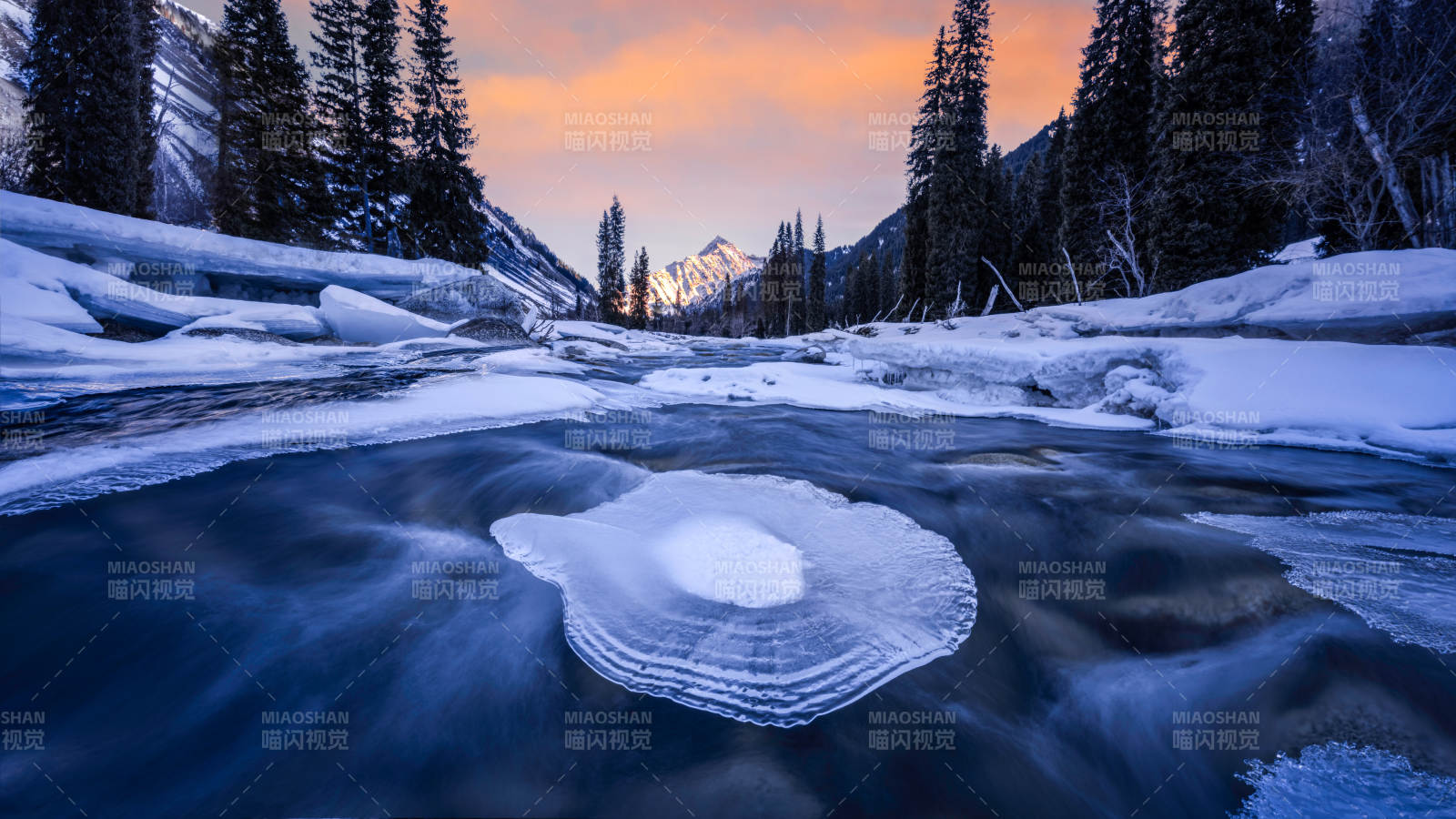 冬日冰河 雪林晨曦图片