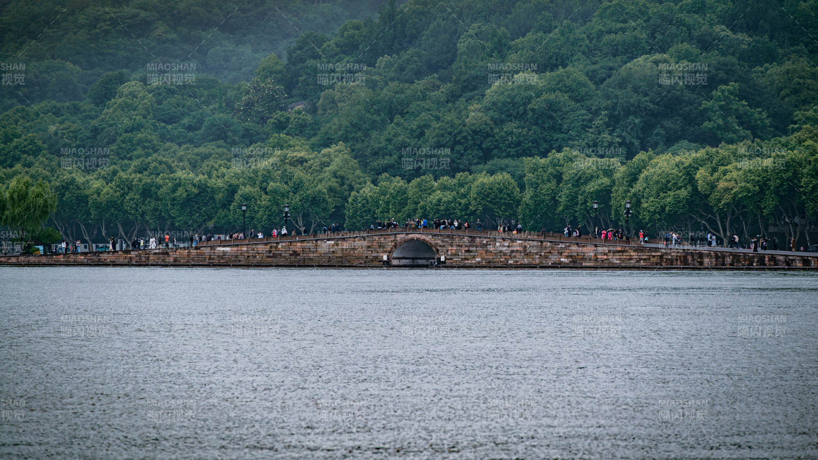 湖畔石桥 绿树成荫图片