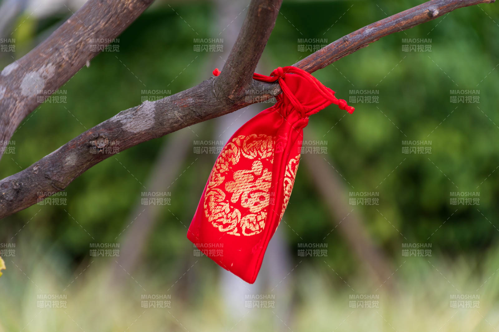 树上挂着的红色福袋图片