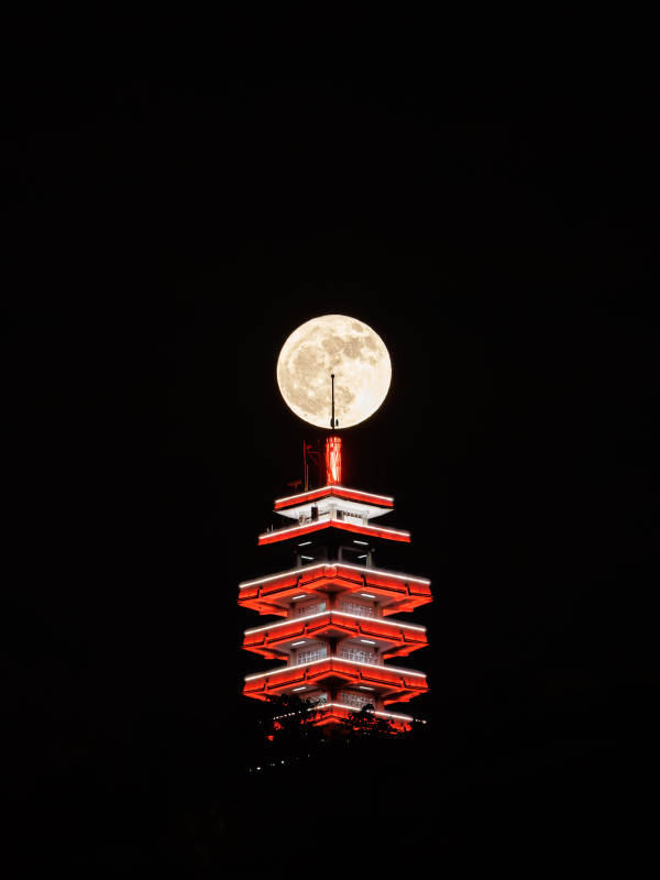 鹅岭明月高悬塔顶夜景图片
