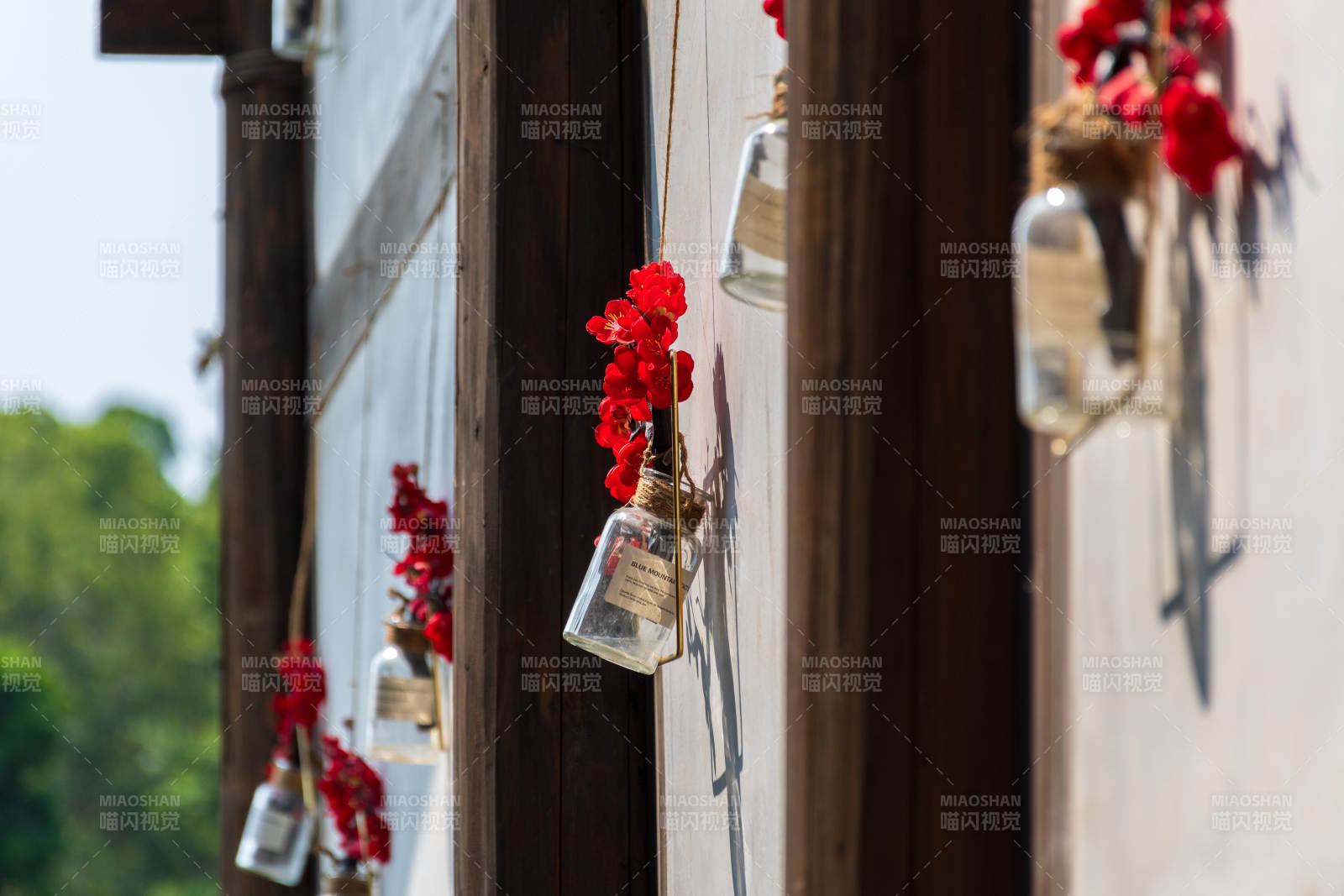 窗边花瓶与红花装饰图片