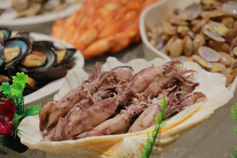 海鲜盛宴 鱿鱼 蛤蜊与扇贝图片