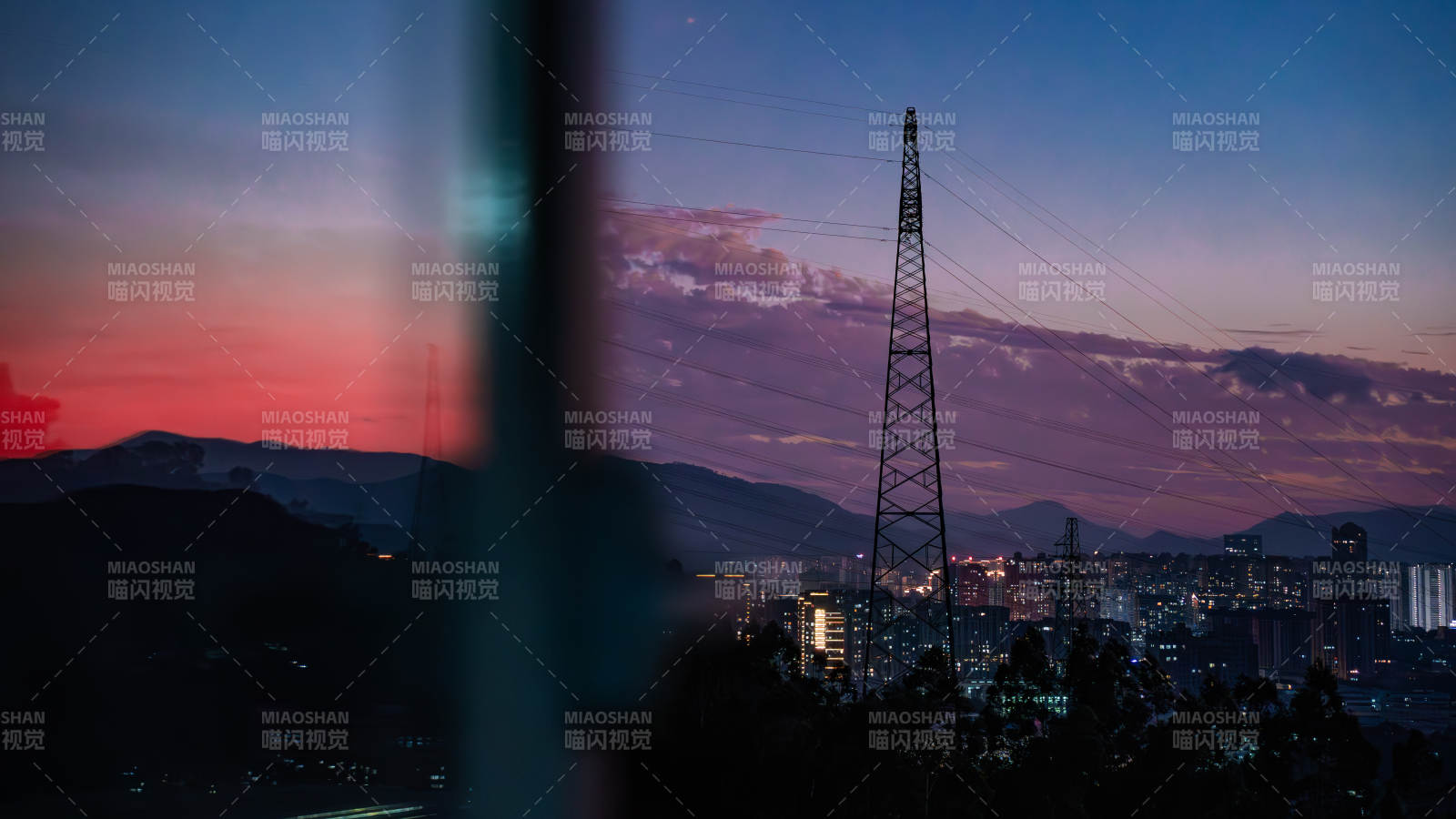 黄昏城市剪影与电塔图片