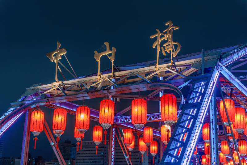 夜景桥头红灯笼璀璨图片