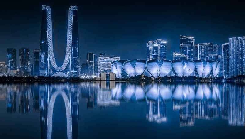 夜幕下的城市倒影美景图片