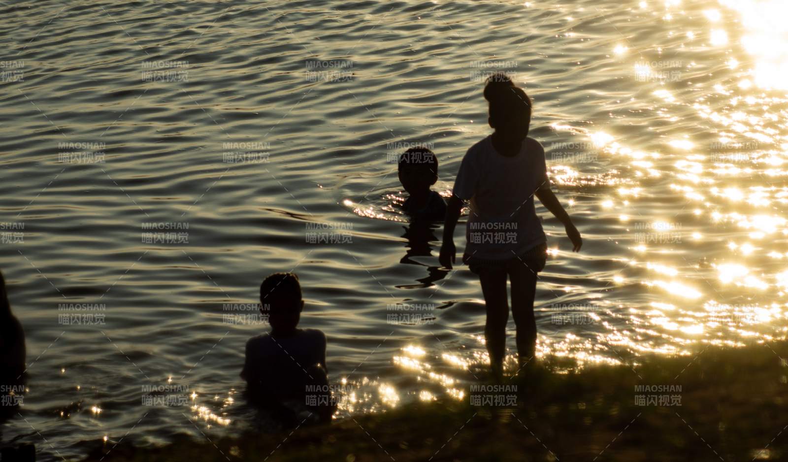 夕阳下的水边嬉戏图片