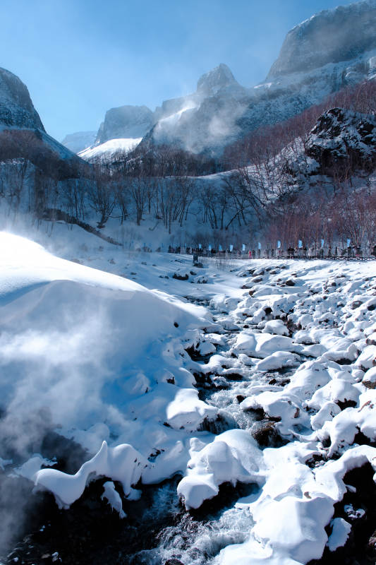 长白山雪谷晨雾 山林静谧图片