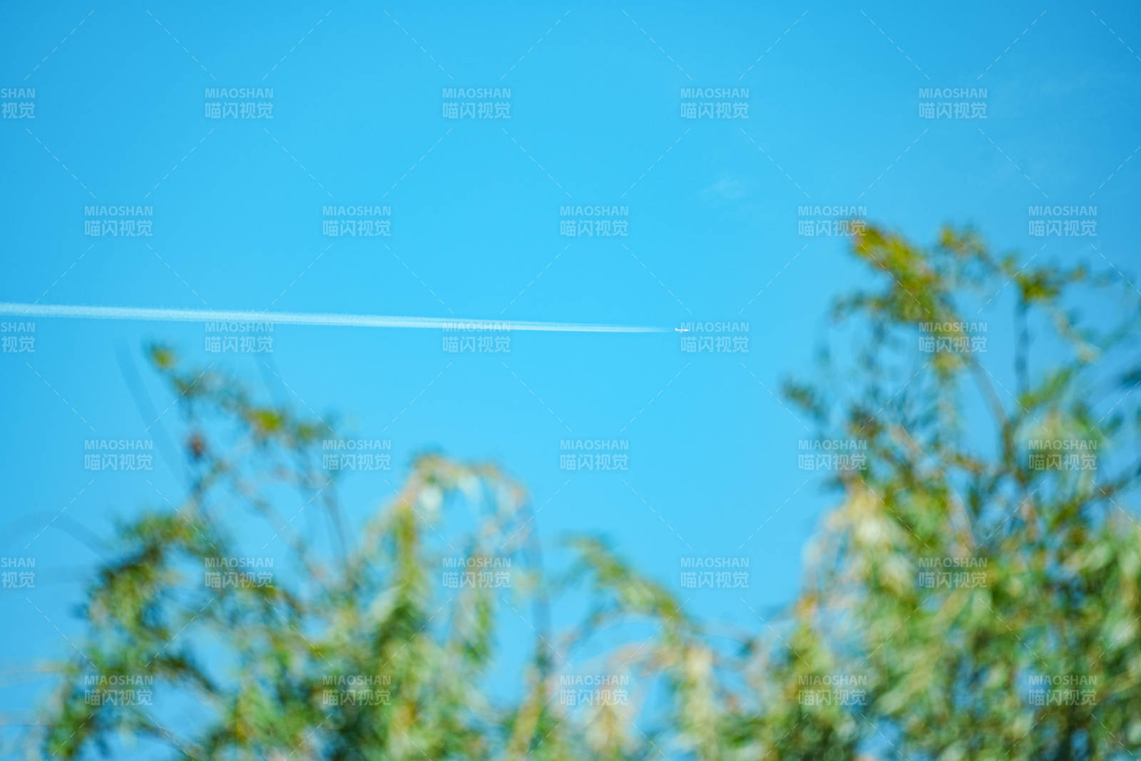 蓝天下的飞机尾迹图片