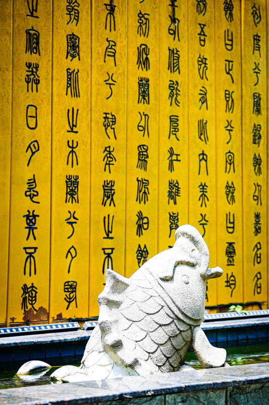 石雕鲤鱼与金色碑文图片