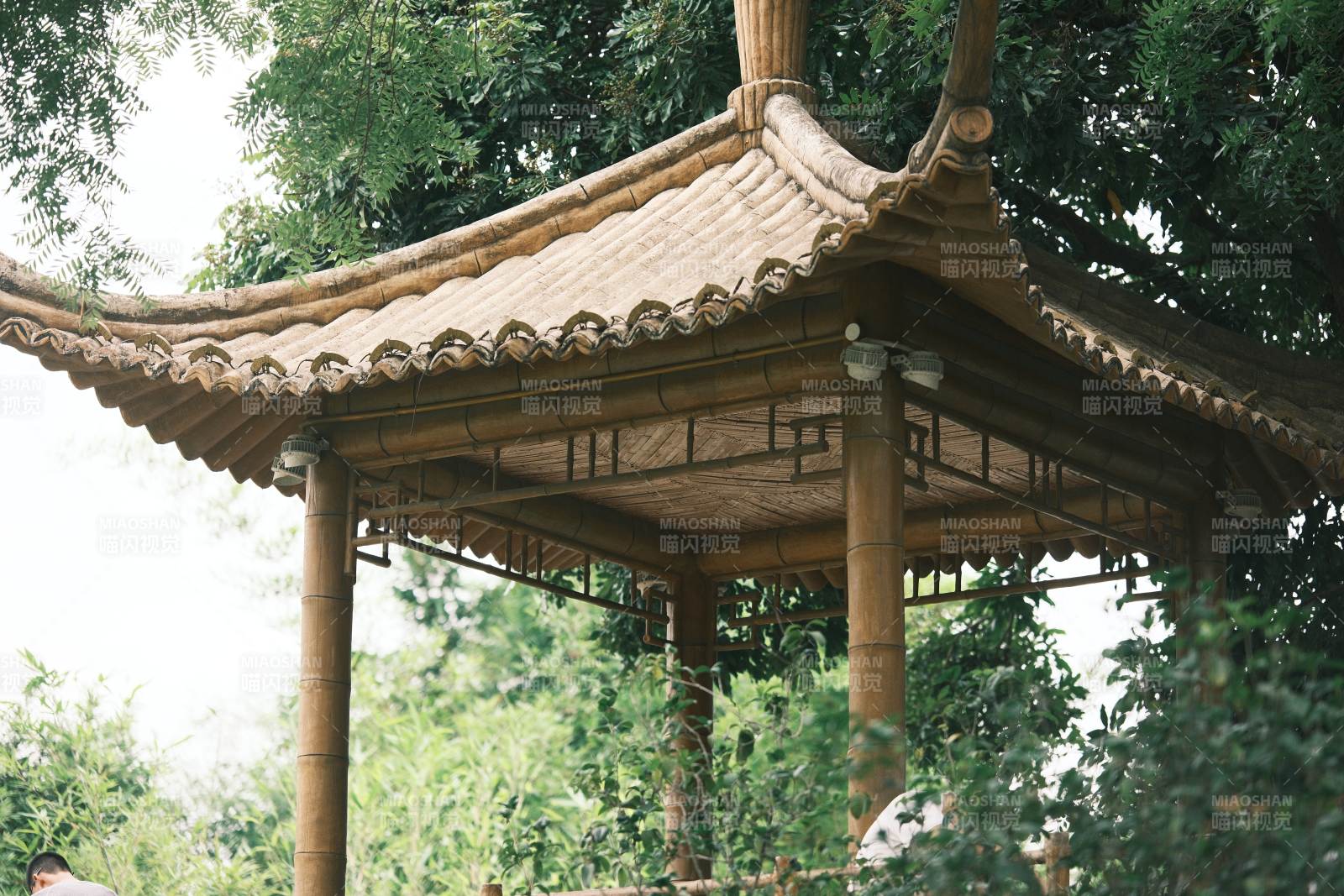 竹制凉亭 绿树环绕图片