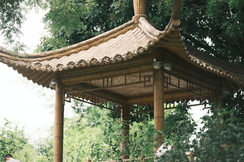 竹制凉亭 绿树环绕图片