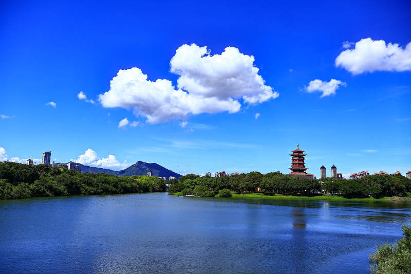 湖畔塔影 蓝天白云映衬（厦门园博苑）图片