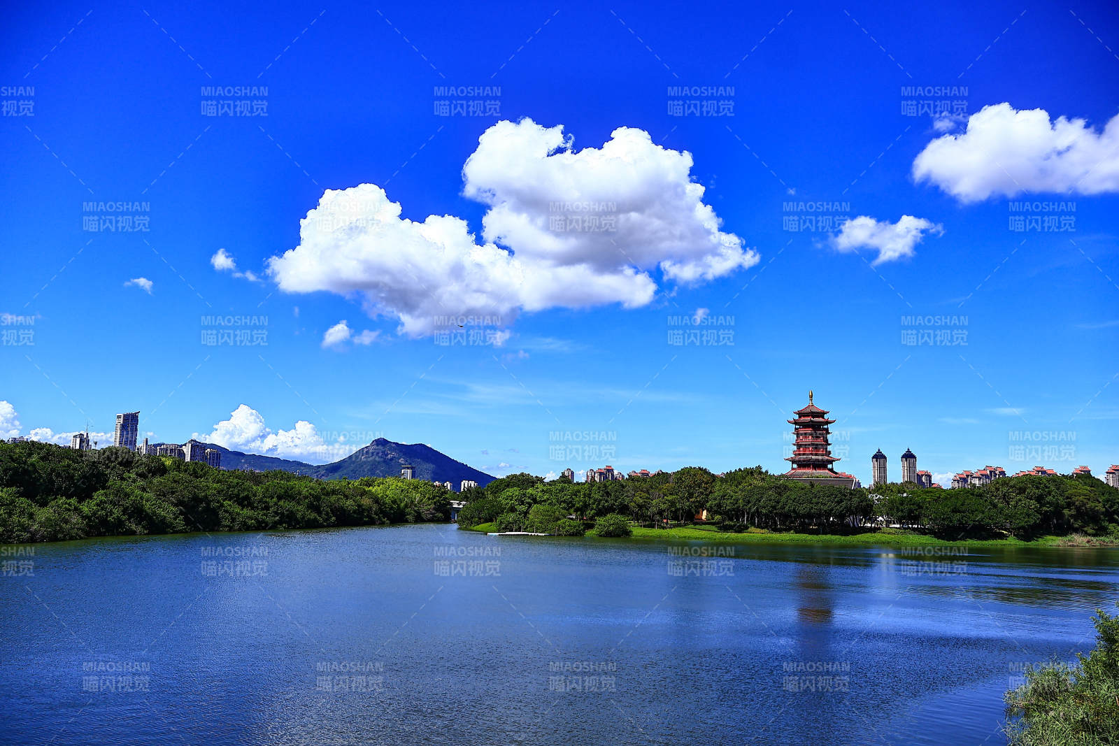湖畔塔影 蓝天白云映衬（厦门园博苑）图片