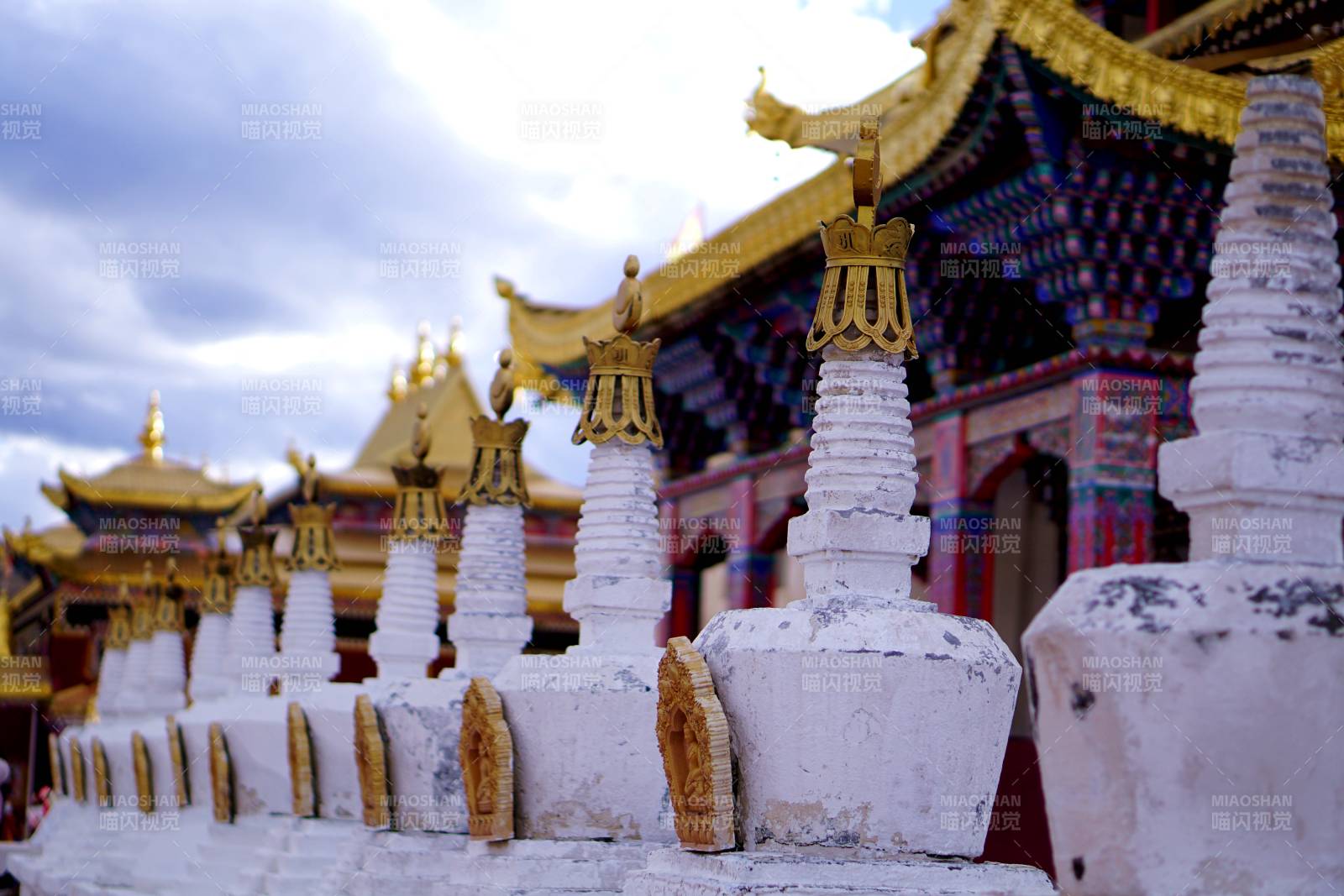 西双版纳藏式寺庙与白塔群景图片