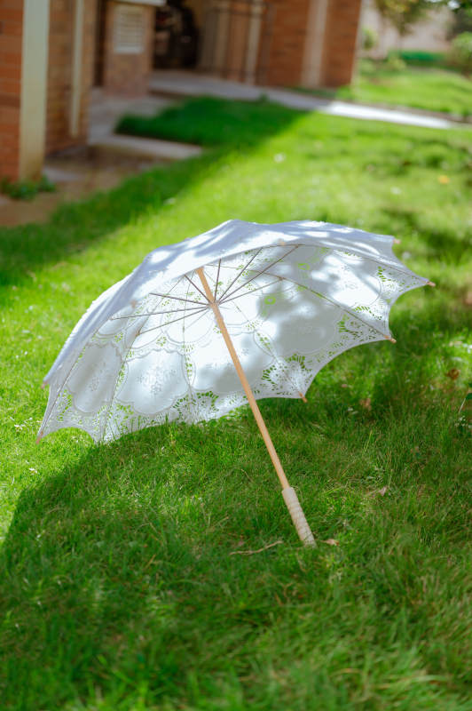 草地上的一把白色蕾丝伞图片