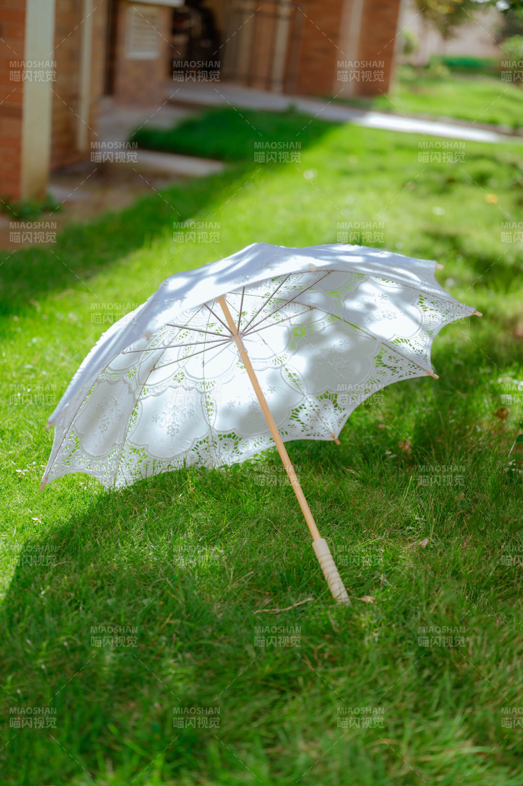 草地上的一把白色蕾丝伞图片