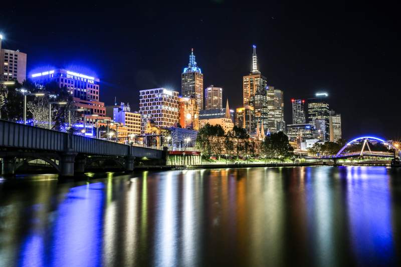 澳大利亚 墨尔本夜景 城市倒影桥图片