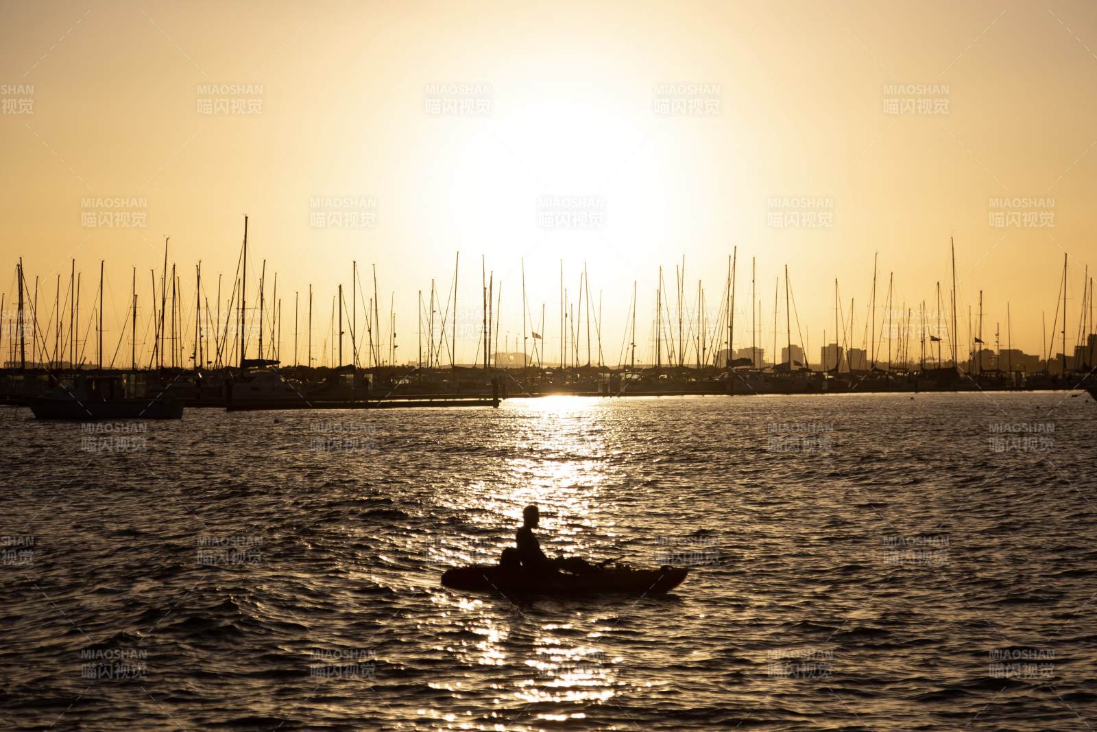 澳大利亚 墨尔本 夕阳下的划艇剪影图片