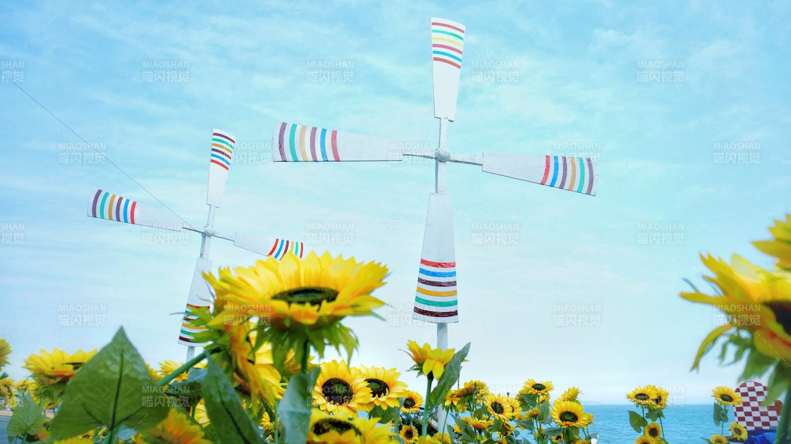 风车与向日葵的夏日风景图片