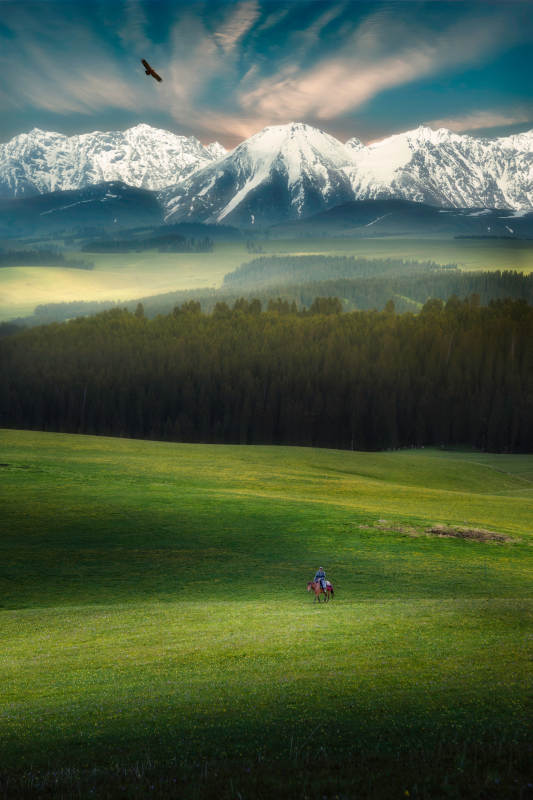 雪山草原骑马行图片