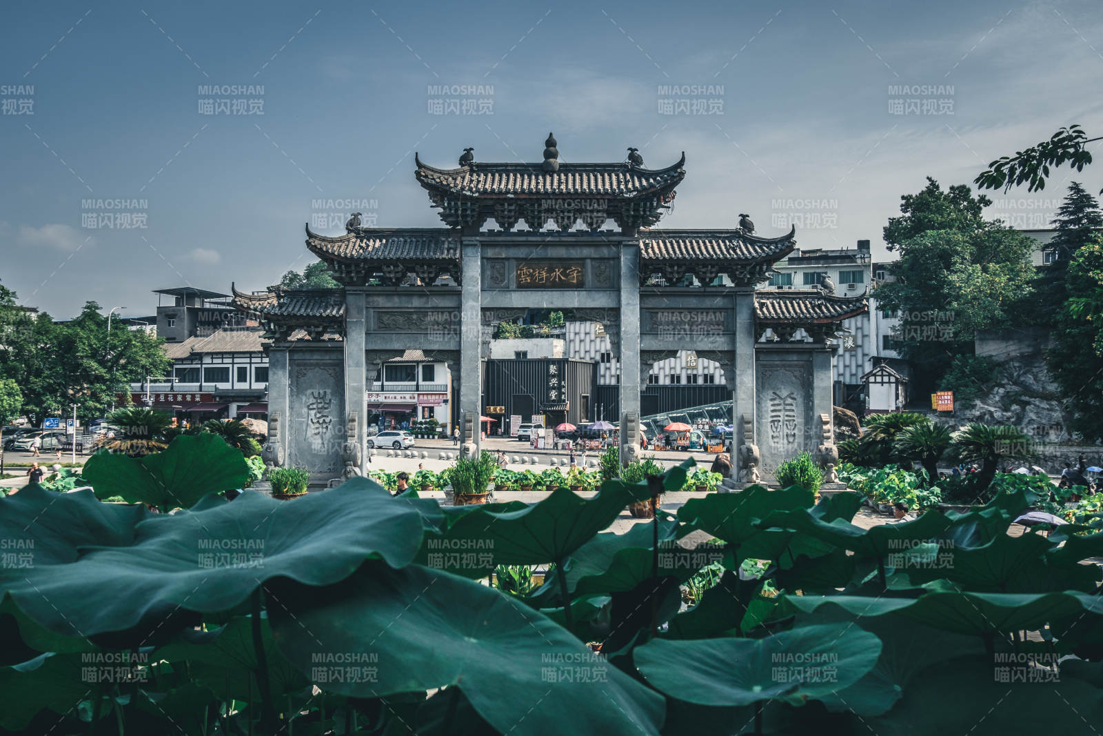 古镇牌坊与荷叶相映成趣图片