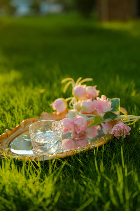 草地上的花与水杯图片