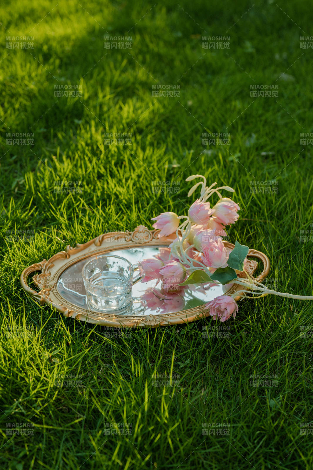 草地上精致的花与茶盘图片