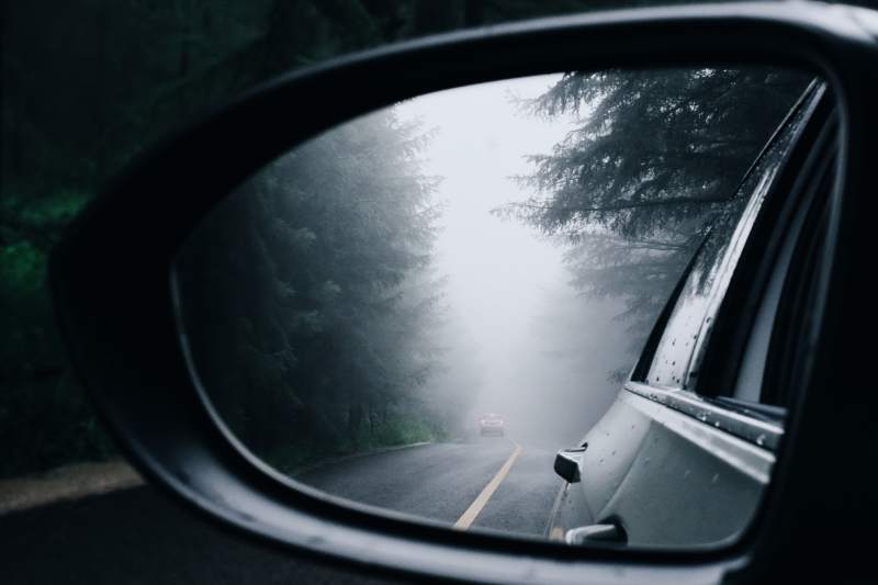 雨中后视镜里的森林路图片