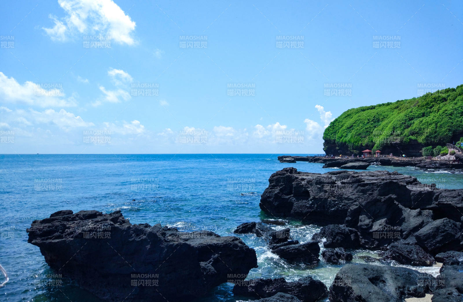 海边岩石与绿树相映成趣图片