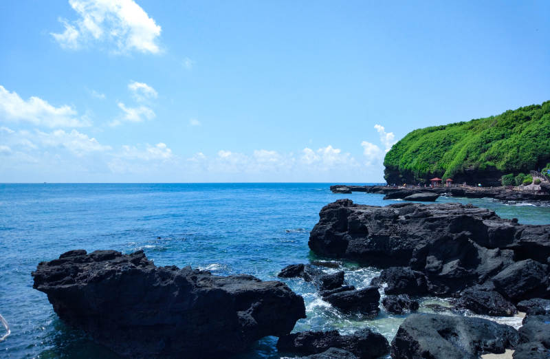 海边岩石与绿树相映成趣图片