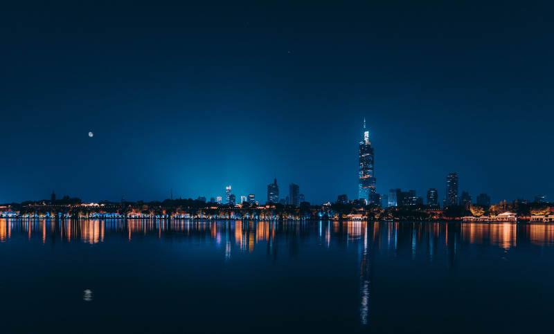 夜色湖畔 城市灯火辉煌图片
