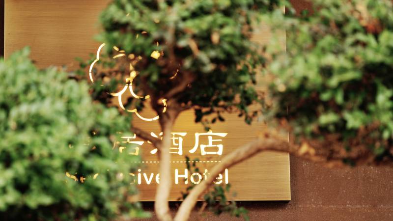 酒店招牌与绿植相映成趣图片