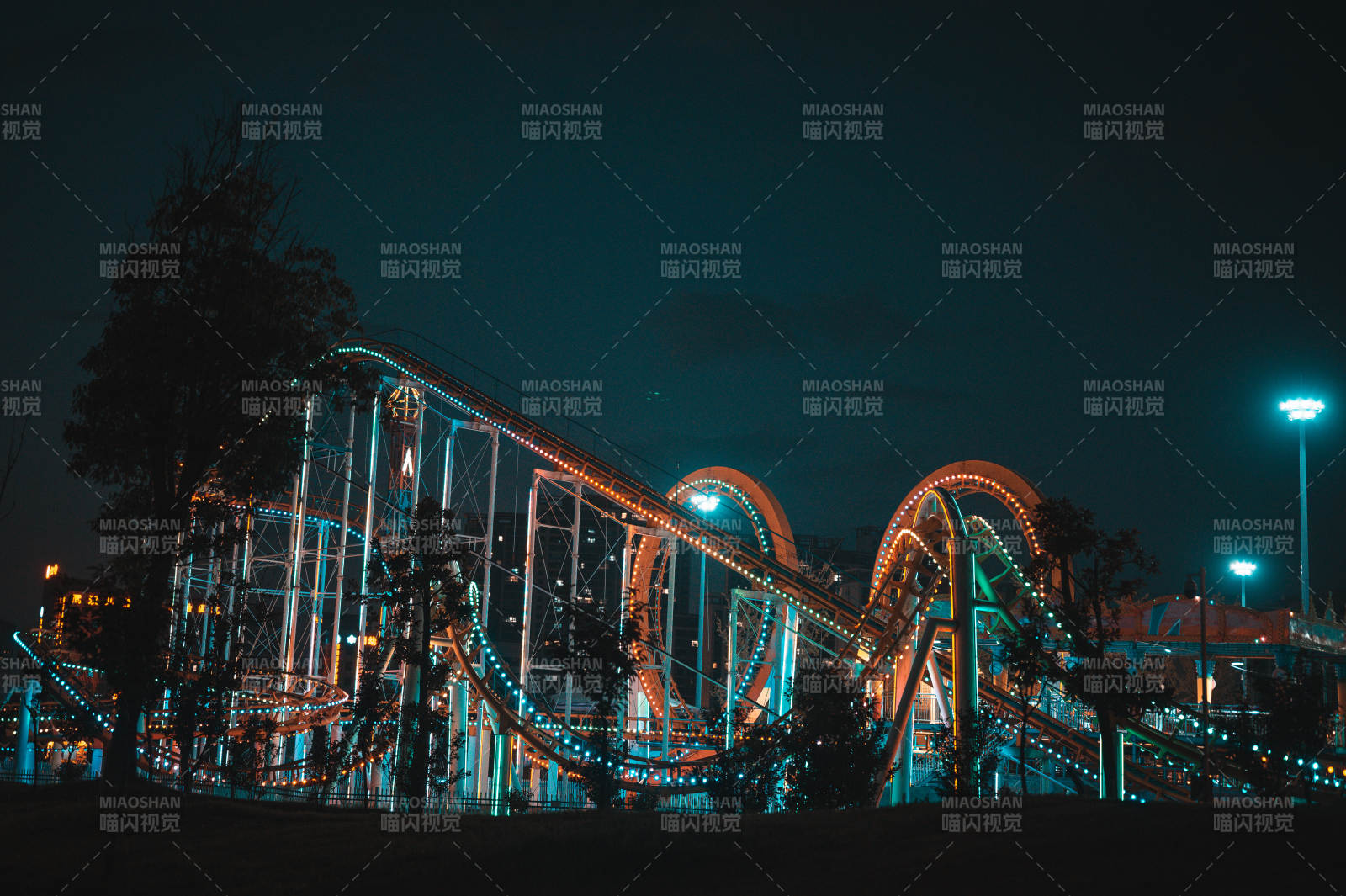 夜幕下的过山车灯光秀图片