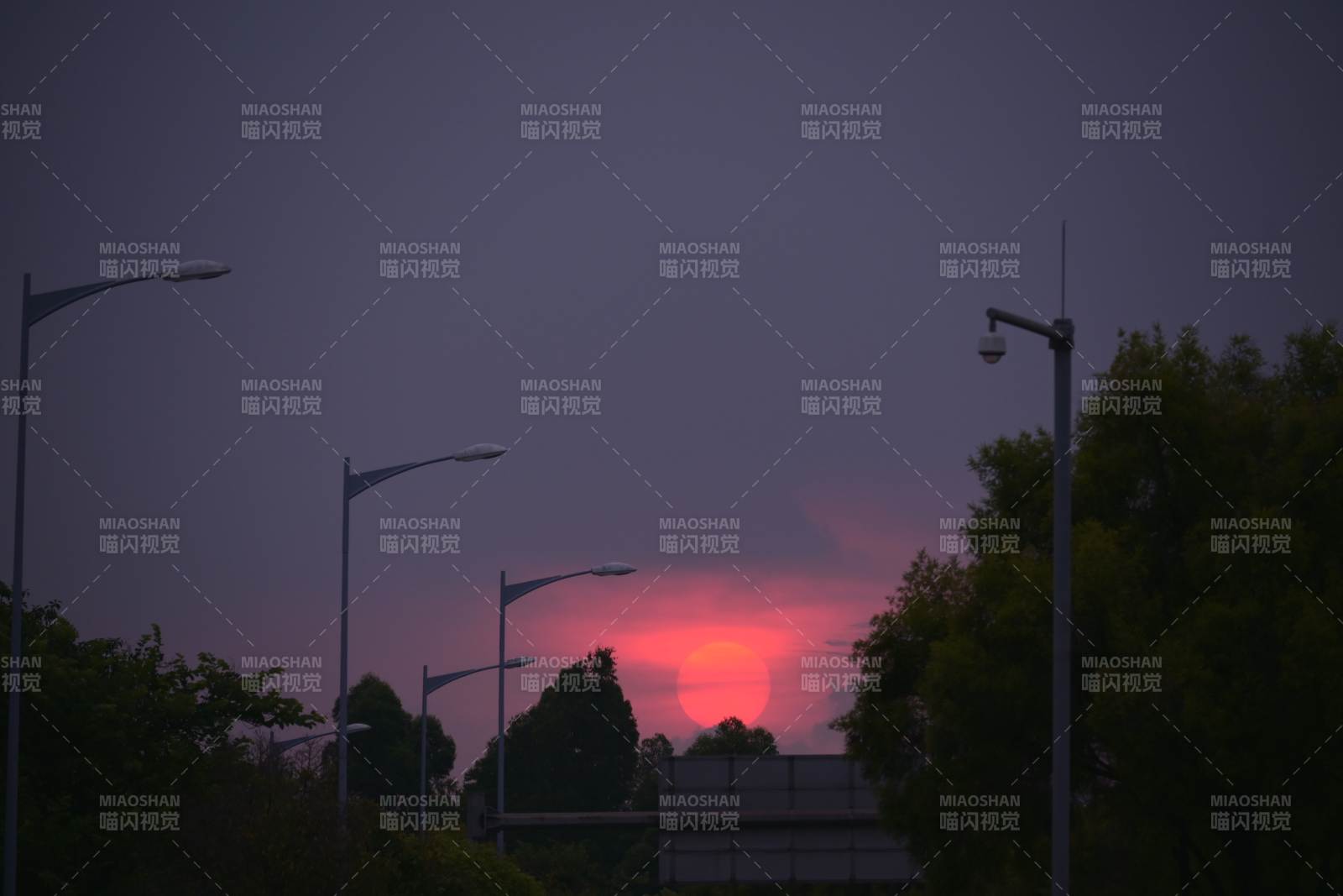 黄昏路灯下的宁静景象图片