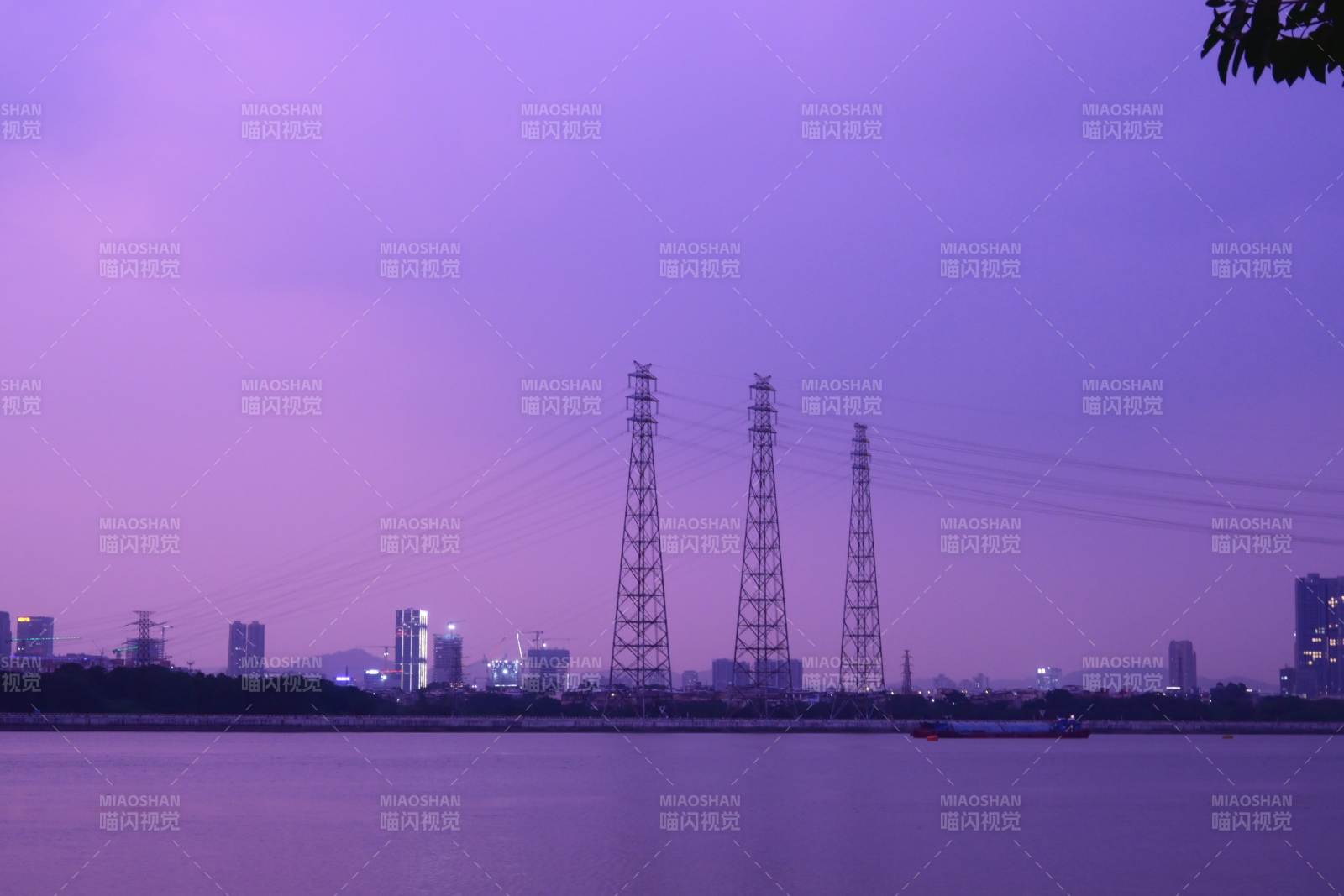 紫霞映塔 江畔静谧夜景图片