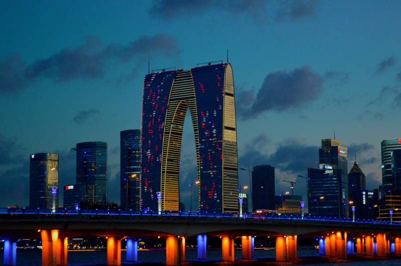 夜幕下的苏州城市天际线图片