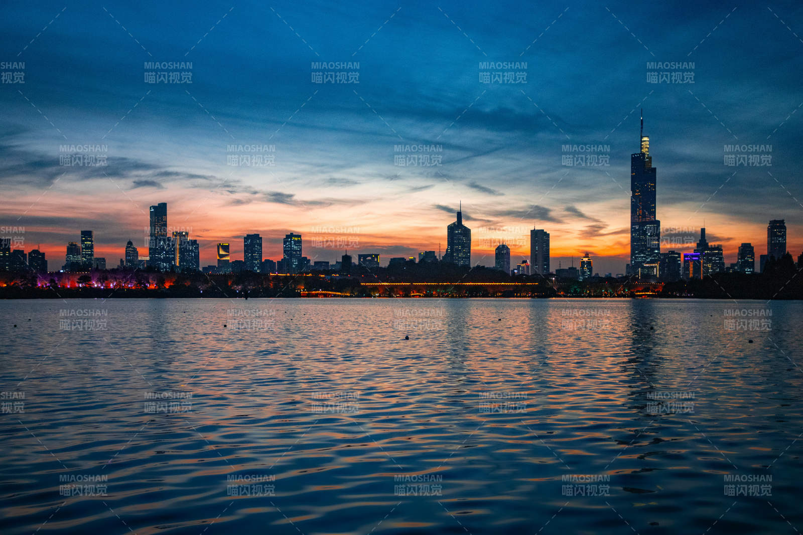 南京玄武湖湖畔夜景剪影图片