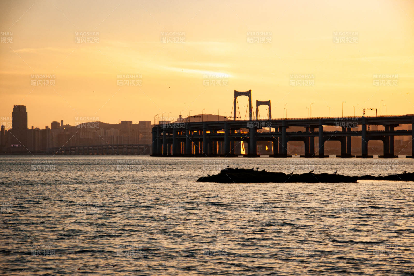 夕阳下的大桥剪影  辽宁大连图片